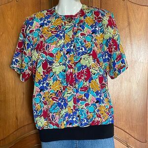 80s Floral Top Colorful Vintage Vintage Blouse Button Front Size 12